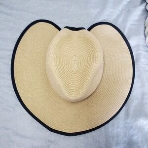 Scala Hand Made Straw Sun Hat Wide Brim Black Trim One Size